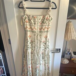 Agua Bendita Linen Floral Embroidered Dress